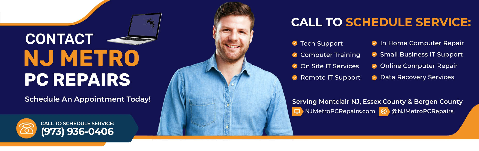 Banner Image with Confident Smiling Computer Repair Technician and NJ Metro PC Repairs' Contact Information